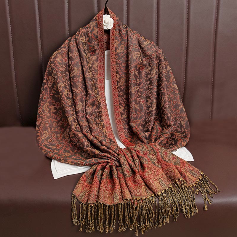 Buddha Stonesチベット ジャカード ペイズリー 花柄 カラーコントラストデザイン タッセル 心地よいスカーフ ショール - 茶色 - image 33