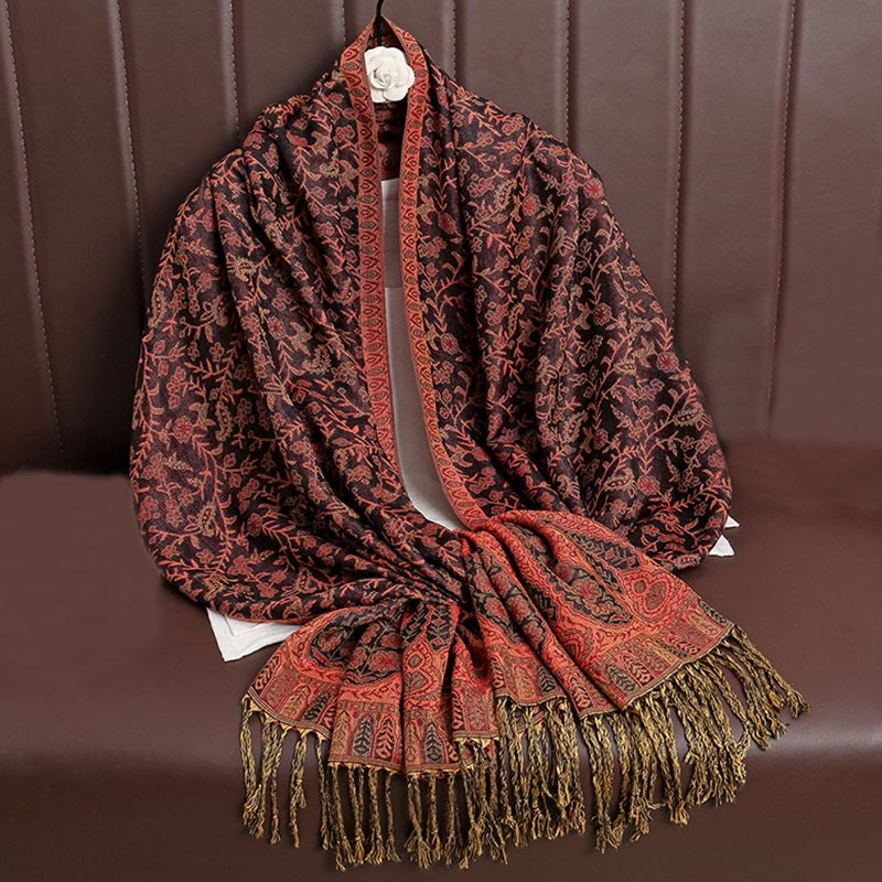 Buddha Stonesチベット ジャカード ペイズリー 花柄 カラーコントラストデザイン タッセル 心地よいスカーフ ショール - オレンジレッド - image 7
