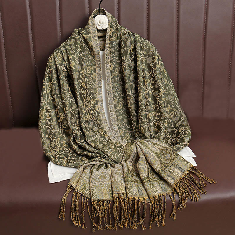 Buddha Stonesチベット ジャカード ペイズリー 花柄 カラーコントラストデザイン タッセル 心地よいスカーフ ショール - オリーブドラブ - image 17