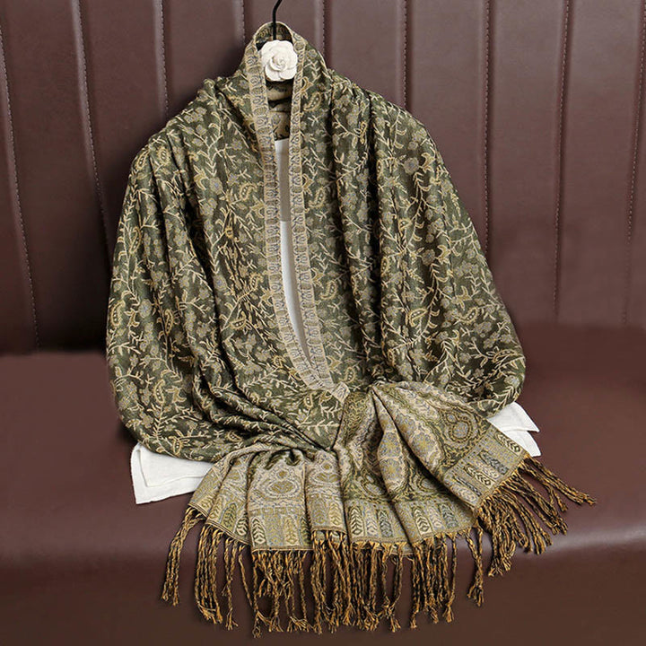 Buddha Stonesチベット ジャカード ペイズリー 花柄 カラーコントラストデザイン タッセル 心地よいスカーフ ショール - オリーブドラブ - image 17