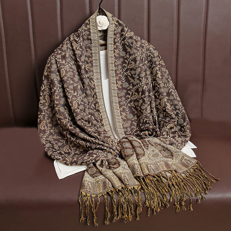 Buddha Stonesチベット ジャカード ペイズリー 花柄 カラーコントラストデザイン タッセル 心地よいスカーフ ショール - サドルブラウン - image 13