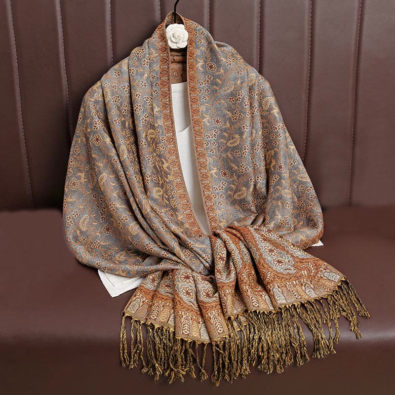 Buddha Stonesチベット ジャカード ペイズリー 花柄 カラーコントラストデザイン タッセル 心地よいスカーフ ショール - ペルー - image 25
