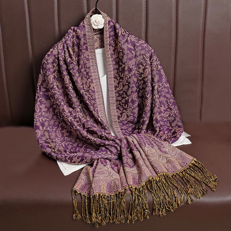 Buddha Stonesチベット ジャカード ペイズリー 花柄 カラーコントラストデザイン タッセル 心地よいスカーフ ショール - フクシア - image 22