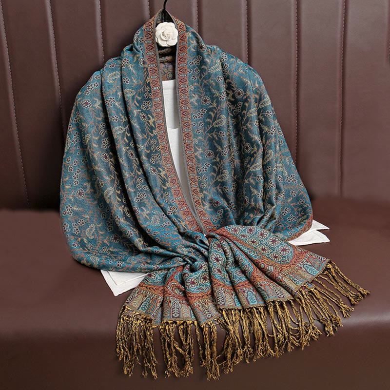 Buddha Stonesチベット ジャカード ペイズリー 花柄 カラーコントラストデザイン タッセル 心地よいスカーフ ショール - ティール - image 20