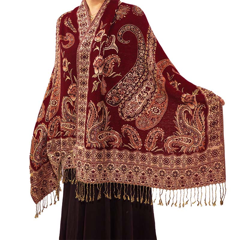 Buddha Stonesボヘミアスタイルチベットペイズリー花柄タッセルコージースカーフショール - ダークレッド - 70×180センチ - image 8