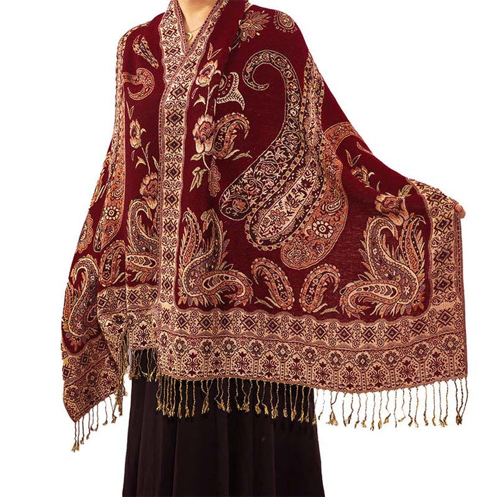 Buddha Stonesボヘミアスタイルチベットペイズリー花柄タッセルコージースカーフショール - ダークレッド - 70×180センチ - image 8