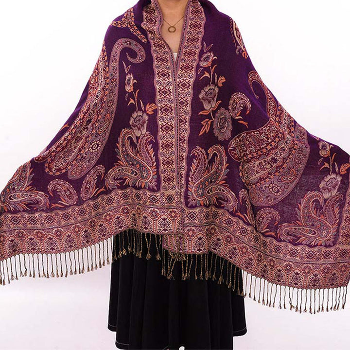 Buddha Stonesボヘミアスタイルチベットペイズリー花柄タッセルコージースカーフショール - ダークマゼンタ - 70×180cm - image 16