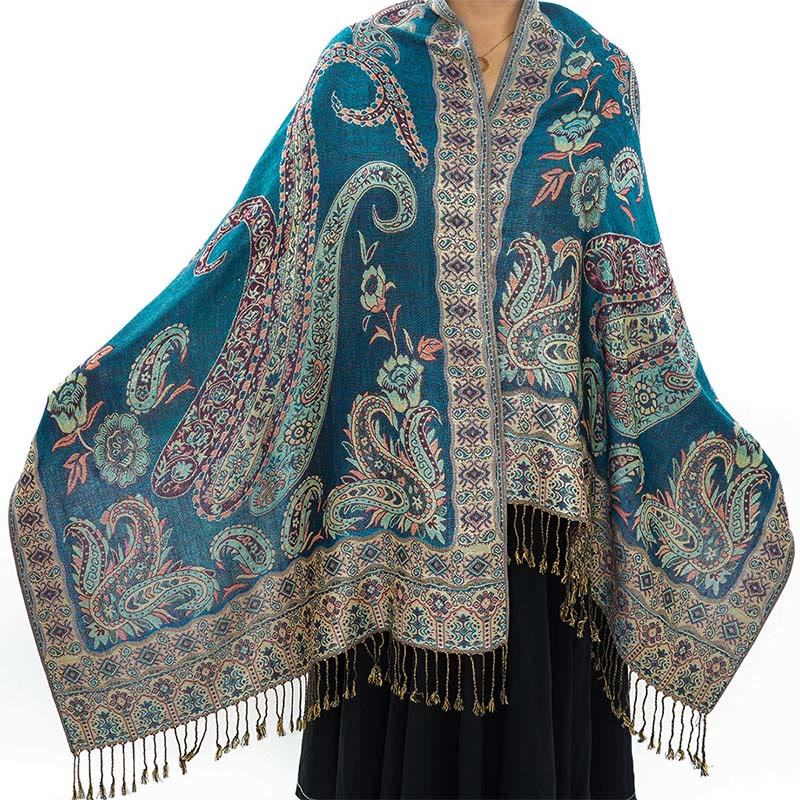Buddha Stonesボヘミアスタイルチベットペイズリー花柄タッセルコージースカーフショール - ティール - 70×180cm - image 12