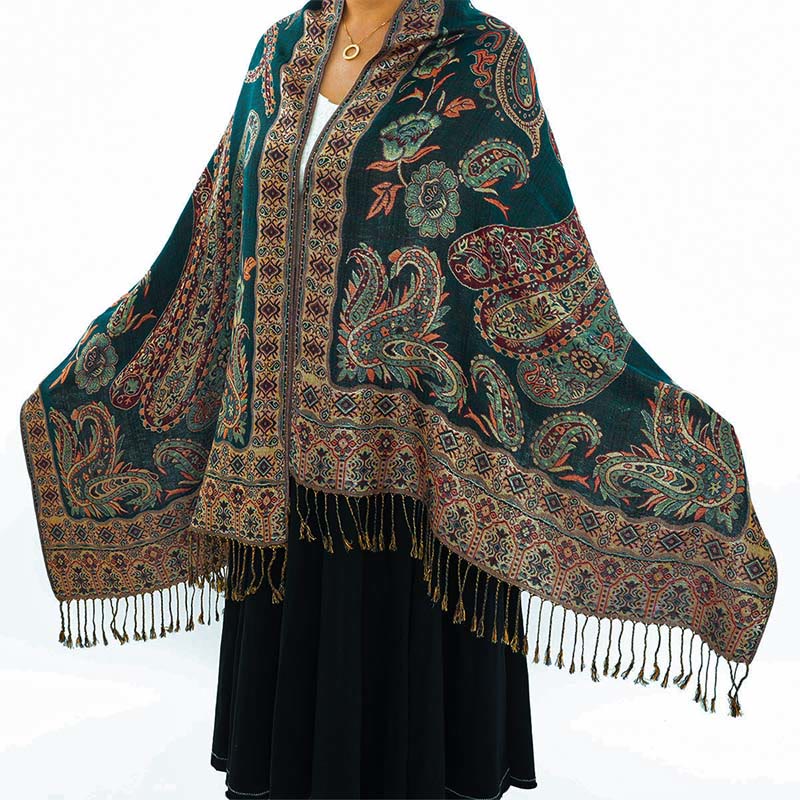 Buddha Stonesボヘミアスタイルチベットペイズリー花柄タッセルコージースカーフショール - ダークグリーン - 70×180センチ - image 0