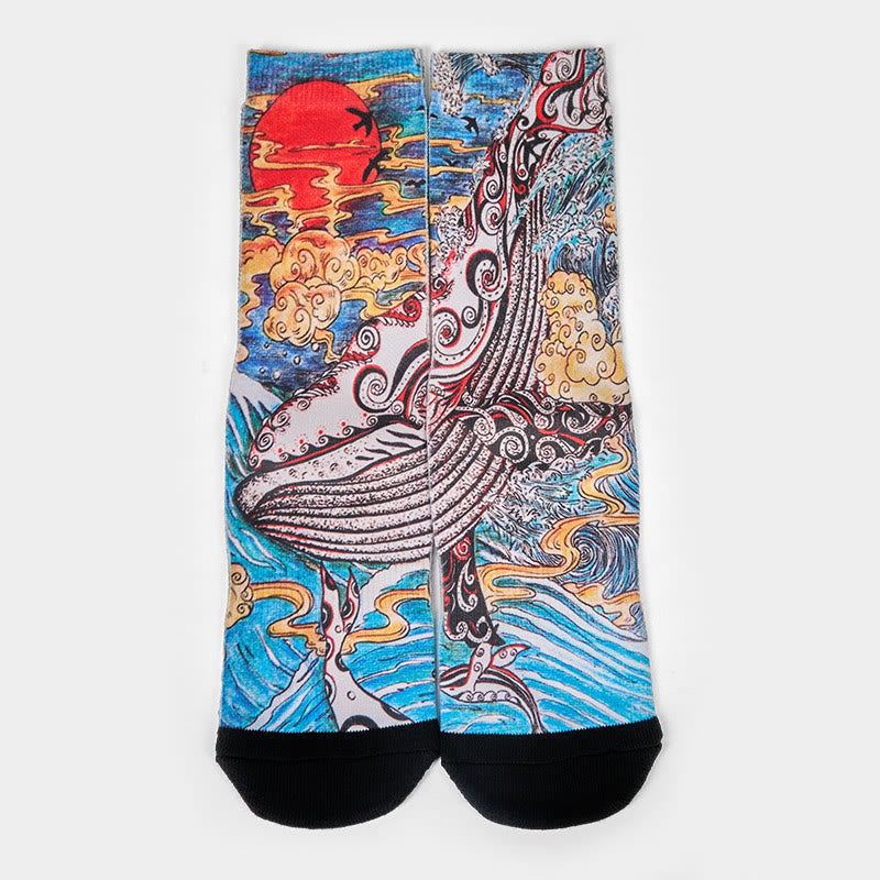 Buddha Stonesカジュアル ホエールウェーブ サンセット マイクロクルー メンズ レディース ユニセックス ソックス - image 1