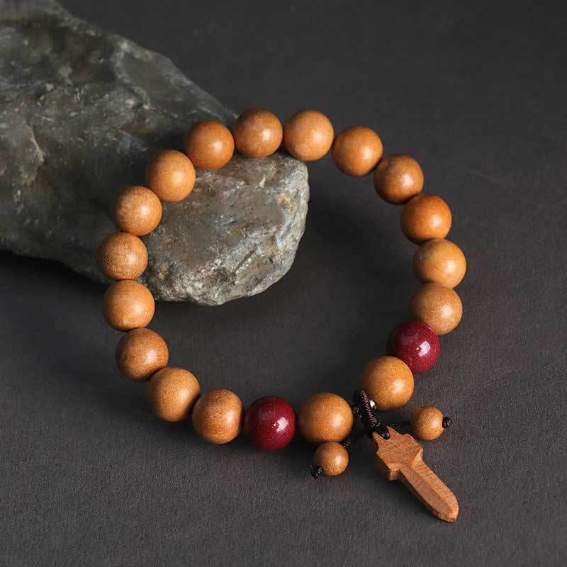 Buddha Stones桃の木 辰砂 剣チャーム開運財運ブレスレット - 10mmピーチウッド（手首周り：15～17cm） - image 0