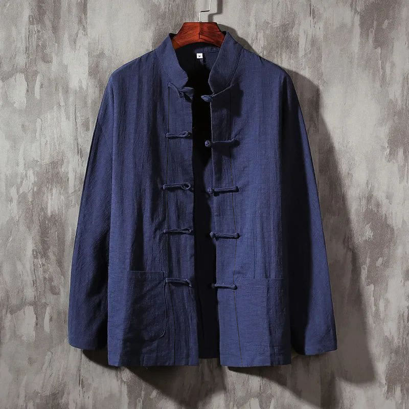 Buddha Stonesスタンドカラータンスーツカジュアルコットンリネンシャツ - ダークスレートブルー - US/UK/AU44、EU54 (5XL) - image 5