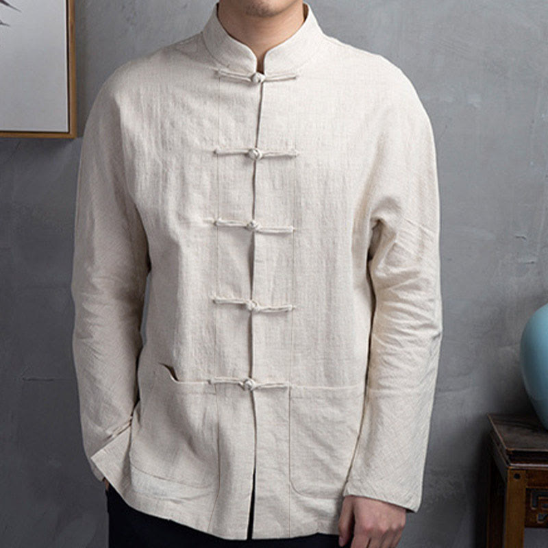 Buddha Stones無地 カジュアル フロッグボタン メンズ シャツ 衣類 - レモンシフォン - US/UK/AU44、EU54（5XL） - image 0