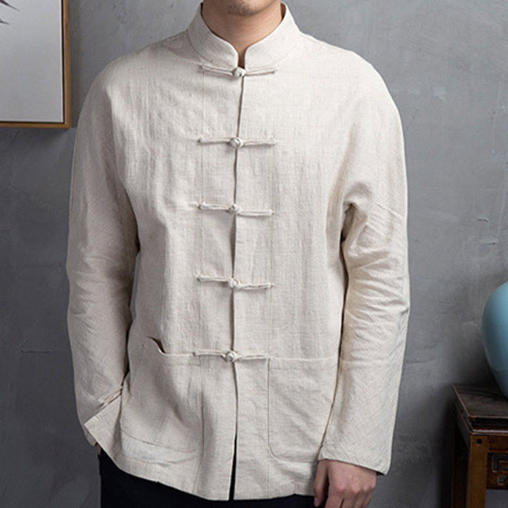 Buddha Stones無地 カジュアル フロッグボタン メンズ シャツ 衣類 - レモンシフォン - US/UK/AU44、EU54（5XL） - image 0
