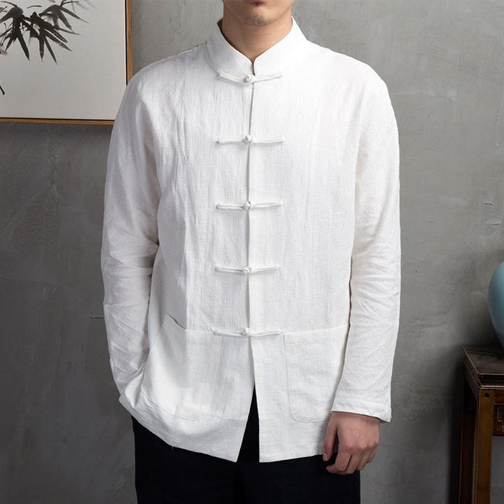Buddha Stones無地 カジュアル フロッグボタン メンズ シャツ 衣類 - 白 - US/UK/AU44、EU54（5XL） - image 4