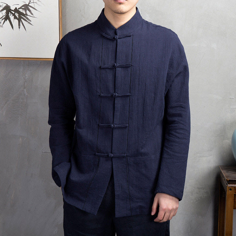 Buddha Stones無地 カジュアル フロッグボタン メンズ シャツ 衣類 - ミッドナイトブルー - US/UK/AU44、EU54（5XL） - image 9