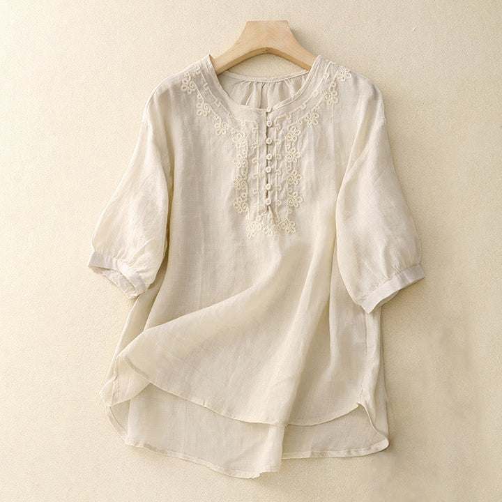 Buddha Stonesカジュアル レディース プレーン フロッグバックルデザイン ハーフスリーブシャツ - 象牙 - US8-10，UK/AU12-14，EU40-42 (2XL) - image 7