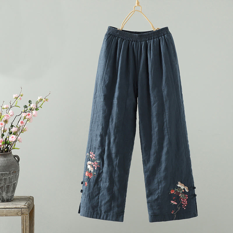 Buddha Stones刺繍入りカエルボタン入りレディースワイドレッグパンツ（ポケット付き） - image 1