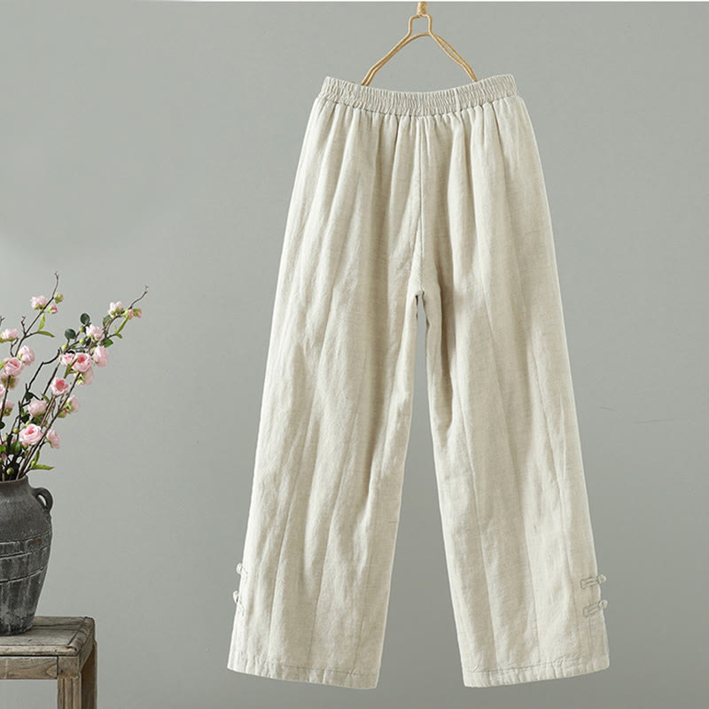 Buddha Stones刺繍入りカエルボタン入りレディースワイドレッグパンツ（ポケット付き） - image 7