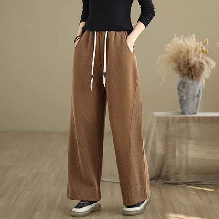 Buddha Stones無地ドローストリングレディースワイドレッグパンツ（ポケット付き） - image 1