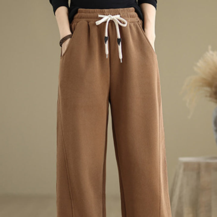 Buddha Stones無地ドローストリングコットンレディースワイドレッグパンツ（ポケット付き） - image 5