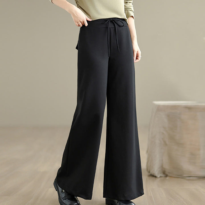 Buddha Stones無地ドローストリングコットンポリエステルレディースワイドレッグパンツ（ポケット付き） - image 17