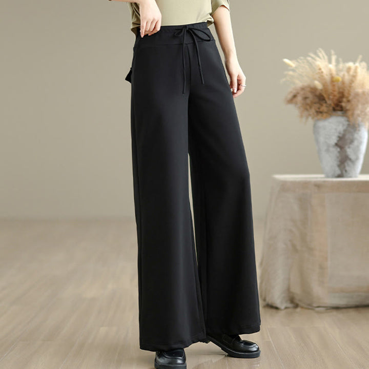 Buddha Stones無地ドローストリングコットンポリエステルレディースワイドレッグパンツ（ポケット付き） - image 16