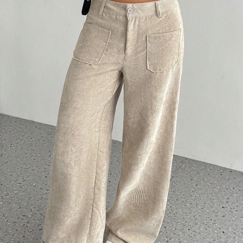 Buddha Stonesプレーンコーデュロイポリエステルレディースボタンワイドレッグパンツ（ポケット付き） - image 2