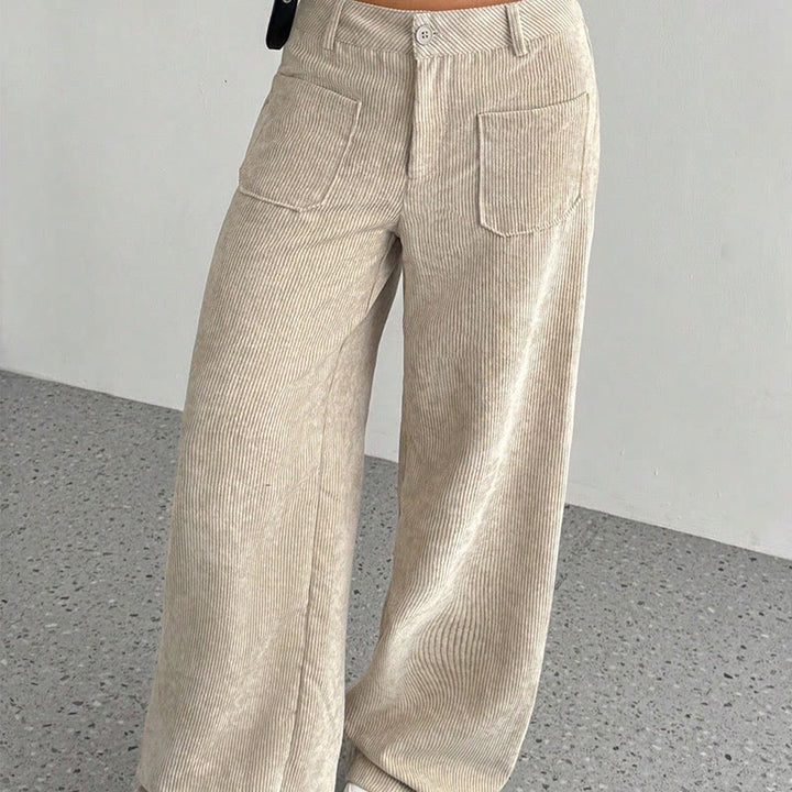Buddha Stonesプレーンコーデュロイポリエステルレディースボタンワイドレッグパンツ（ポケット付き） - image 2