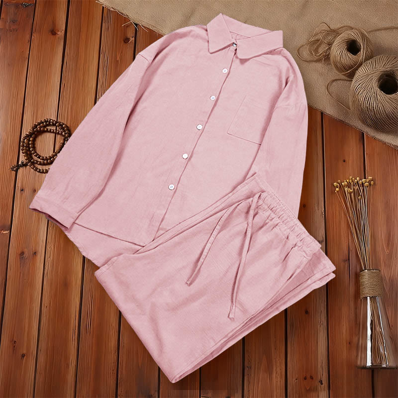 Buddha Stones 2点セット 長袖シャツ ポケット付きトップス ドローストリングパンツ 瞑想用コットンリネン服 レディース セット - image 7