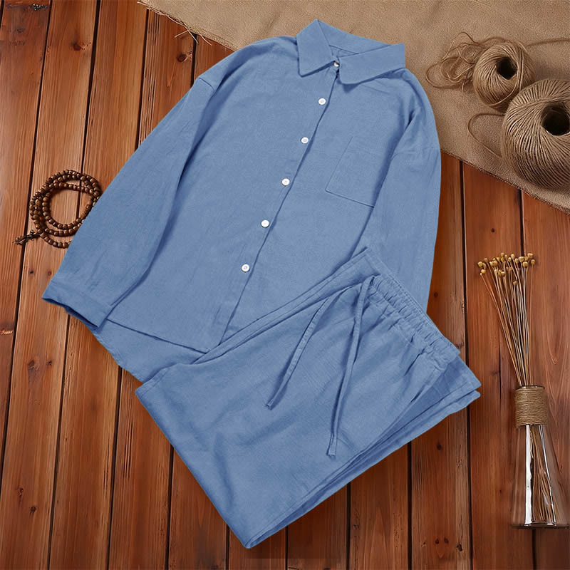 Buddha Stones 2点セット 長袖シャツ ポケット付きトップス ドローストリングパンツ 瞑想用コットンリネン服 レディース セット - image 19