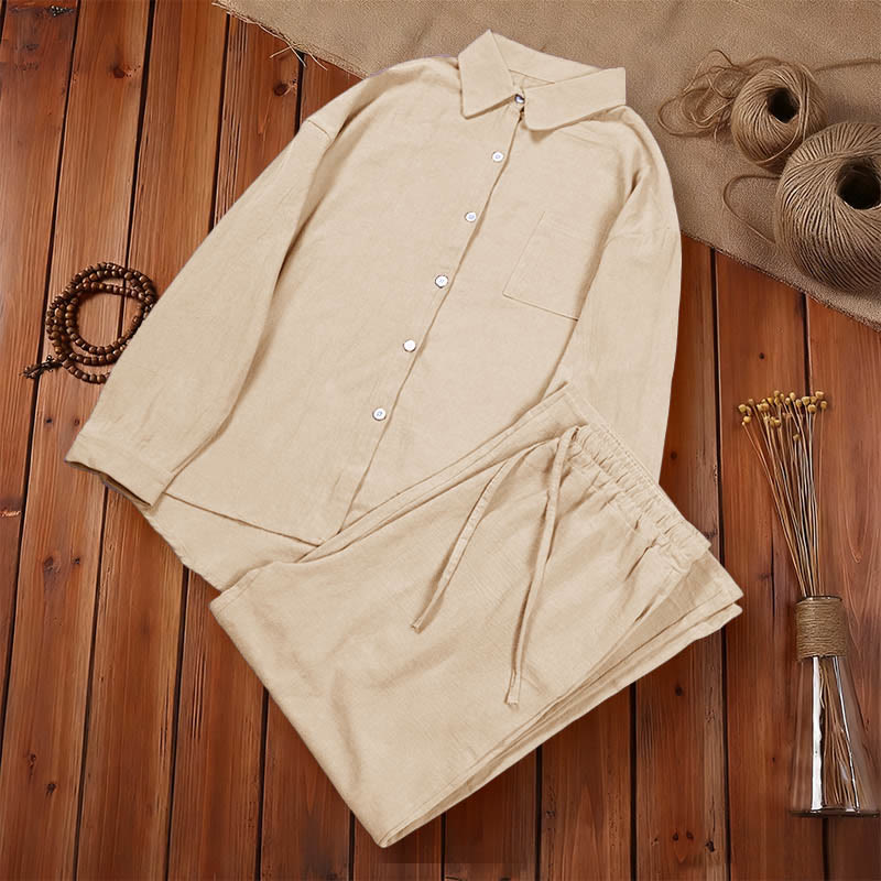 Buddha Stones 2点セット 長袖シャツ ポケット付きトップス ドローストリングパンツ 瞑想用コットンリネン服 レディース セット - image 13