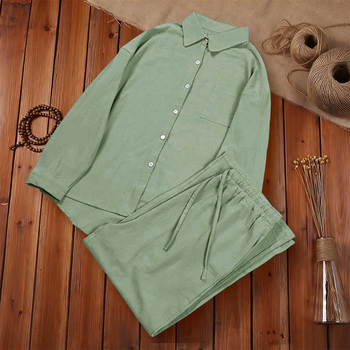 Buddha Stones 2点セット 長袖シャツ ポケット付きトップス ドローストリングパンツ 瞑想用コットンリネン服 レディース セット - image 43