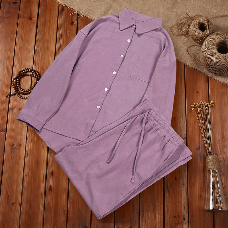Buddha Stones 2点セット 長袖シャツ ポケット付きトップス ドローストリングパンツ 瞑想用コットンリネン服 レディース セット - image 55