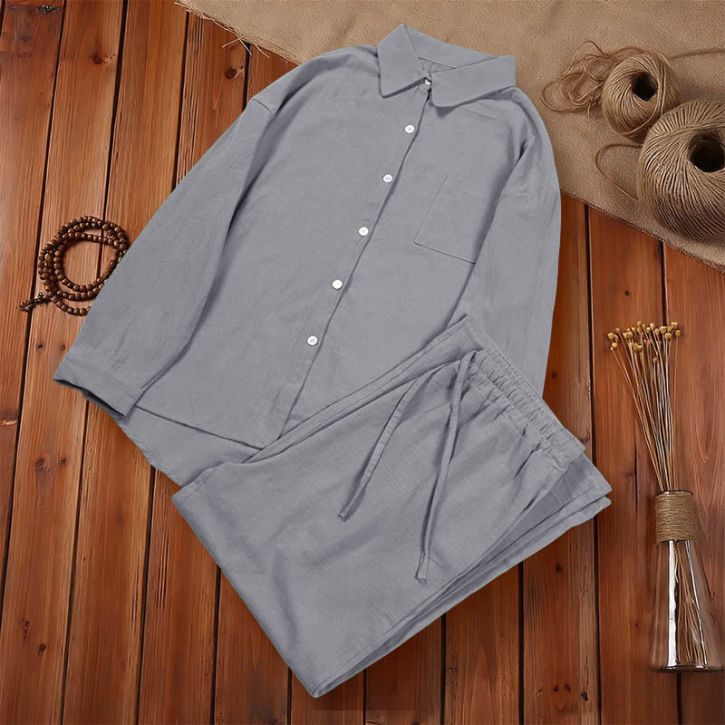 Buddha Stones 2点セット 長袖シャツ ポケット付きトップス ドローストリングパンツ 瞑想用コットンリネン服 レディース セット - image 49