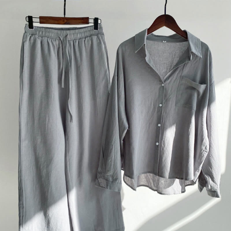Buddha Stones 2点セット 長袖シャツ ポケット付きトップス ドローストリングパンツ 瞑想用コットンリネン服 レディース セット - グレー - US20、 UK/AU24、 EU52 (5XL) - image 48