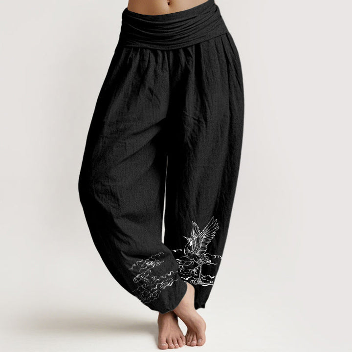 Buddha Stonesと鶴の流水模様 レディース ウエストゴム ハーレム コットンパンツ - 黒 - US22、 UK/AU26、 EU54 (6XL) - image 5