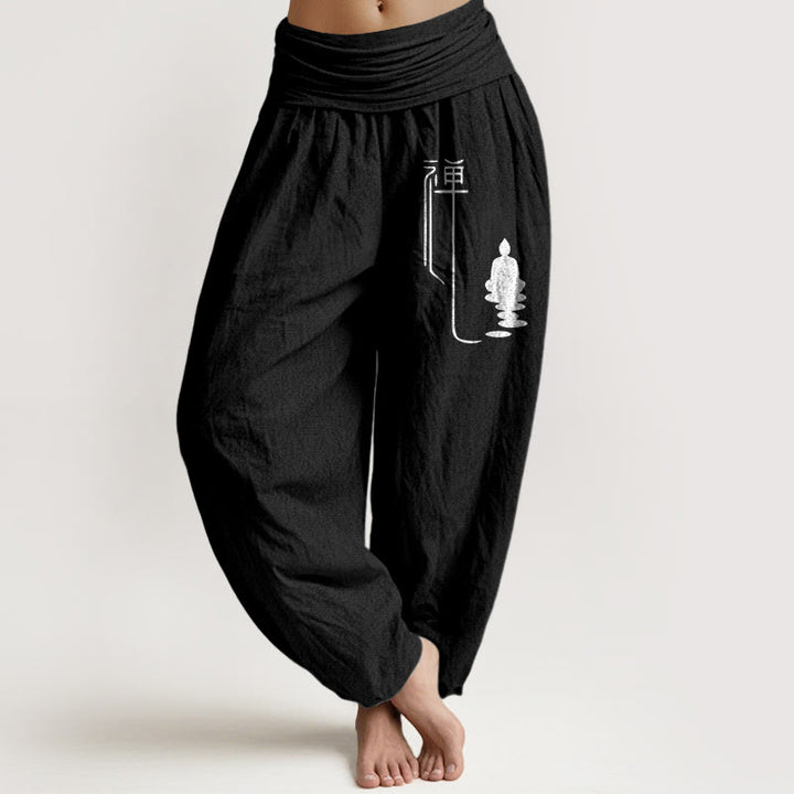 Buddha Stones禅 仏教柄 レディース 伸縮性ウエスト ハーレム コットンパンツ - 黒 - US22、 UK/AU26、 EU54 (6XL) - image 5