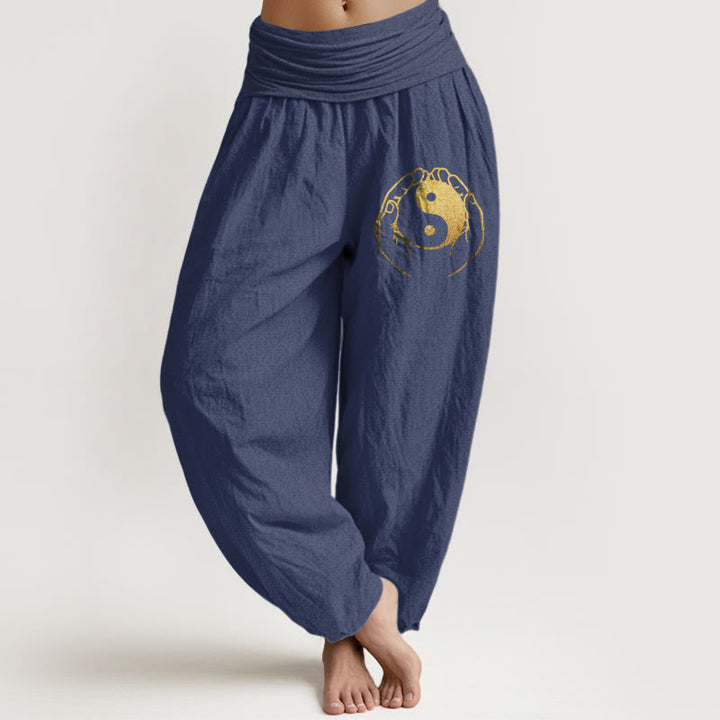 Buddha Stonesと陰陽の手模様のレディース伸縮性ウエストハーレムコットンパンツ - ダークスレートブルー - US22、 UK/AU26、 EU54 (6XL) - image 5