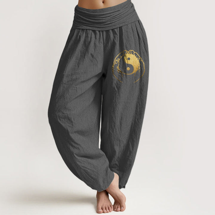 Buddha Stonesと陰陽の手模様のレディース伸縮性ウエストハーレムコットンパンツ - 薄暗い灰色 - US22、 UK/AU26、 EU54 (6XL) - image 8