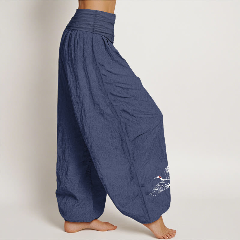 Buddha Stonesと飛翔するタンチョウ鶴の模様 レディース ウエストゴム ハーレム コットンパンツ - image 6