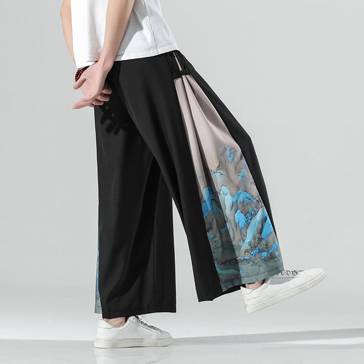 Buddha Stones 山と川の柄 メンズ ワイドレッグパンツ ポケット付き - 黒 - US/UK/AU46、 EU56 (5XL) - image 0