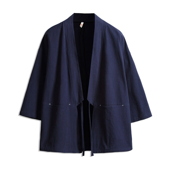 Buddha Stones無地 レースアップ 七分袖 オープンフロント ジャケット メンズ 着物 - スティールブルー - US/UK/AU48、 EU58(5XL) - image 0