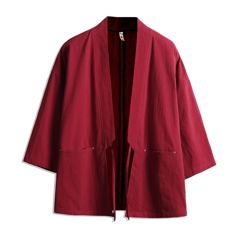 Buddha Stones無地 レースアップ 七分袖 オープンフロント ジャケット メンズ 着物 - 赤 - US/UK/AU48、 EU58(5XL) - image 6