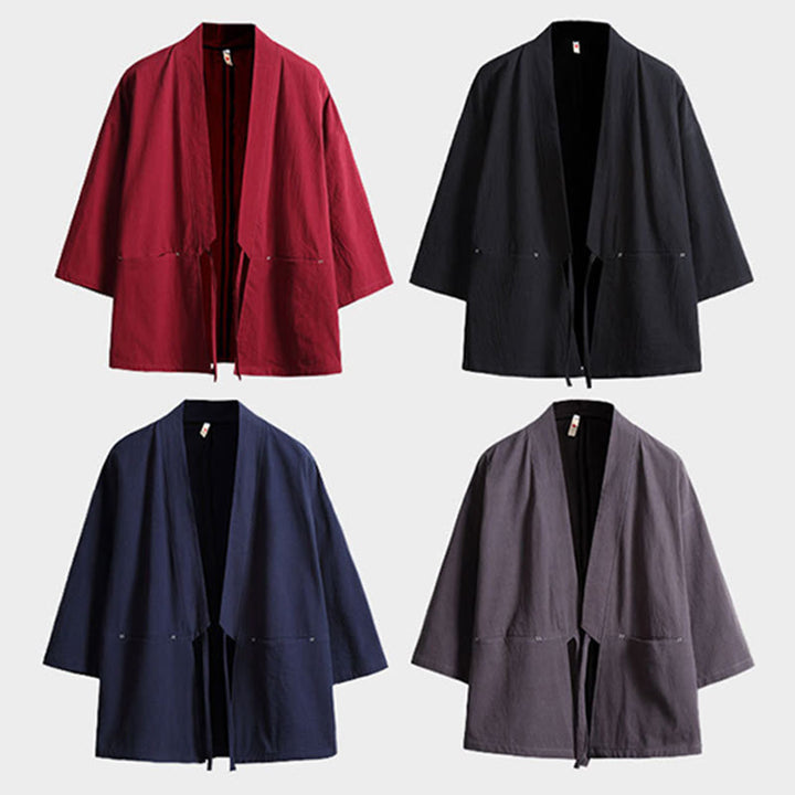 Buddha Stones無地 レースアップ 七分袖 オープンフロント ジャケット メンズ 着物 - image 16