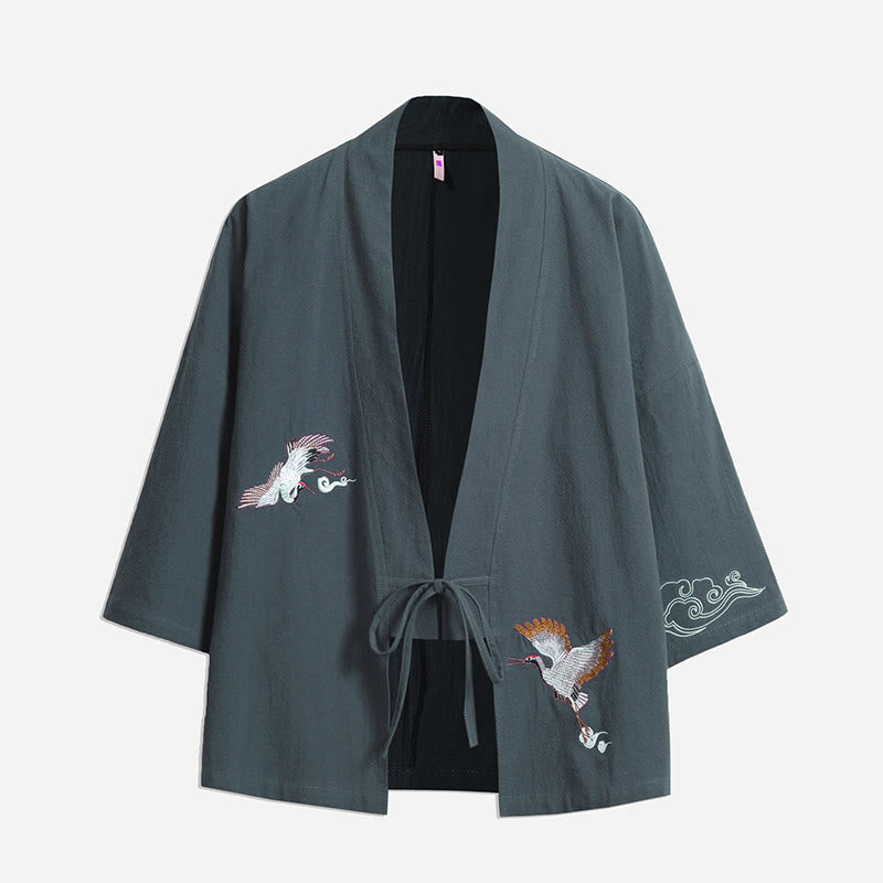 Buddha Stones白鶴 吉祥雲 刺繍 七分袖 メンズ着物 - キャデットブルー - US/UK/AU46、 EU56 (5XL) - image 13