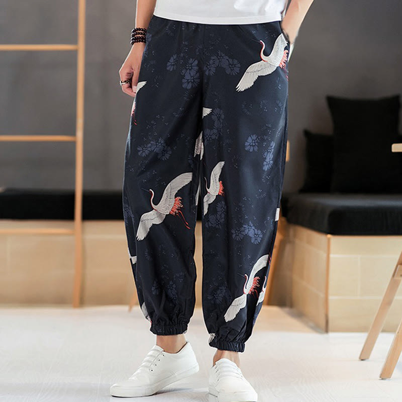Buddha Stones、鶴、吉兆の雲模様のメンズハーレムパンツ（ポケット付き） - スティールブルー - US/UK/AU46、 EU56 (5XL) - image 0
