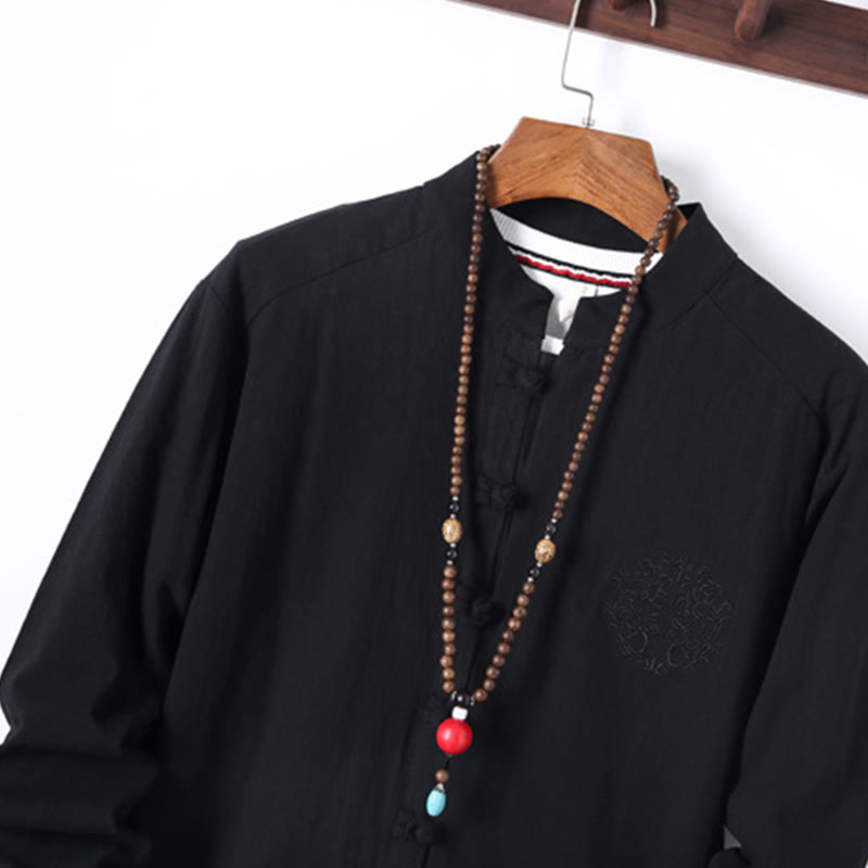 Buddha Stones 2点セット 無地 メンズ フロッグボタン 長袖 コットン シャツ パンツ セット ポケット付き - image 3