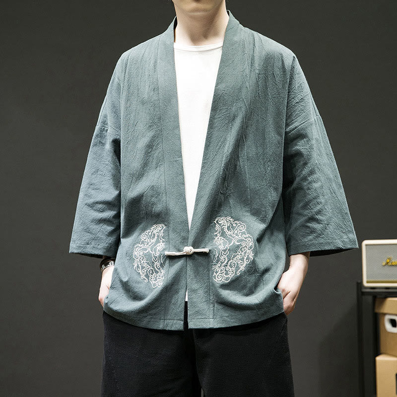 Buddha Stonesと吉兆の雲模様のフロントオープンロングスリーブジャケットメンズコットン着物 - カデットブルー - US/UK/AU46、 EU56 (5XL) - image 0