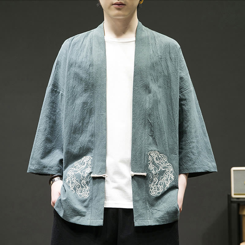 Buddha Stonesと吉兆の雲模様のフロントオープンロングスリーブジャケットメンズコットン着物 - image 1